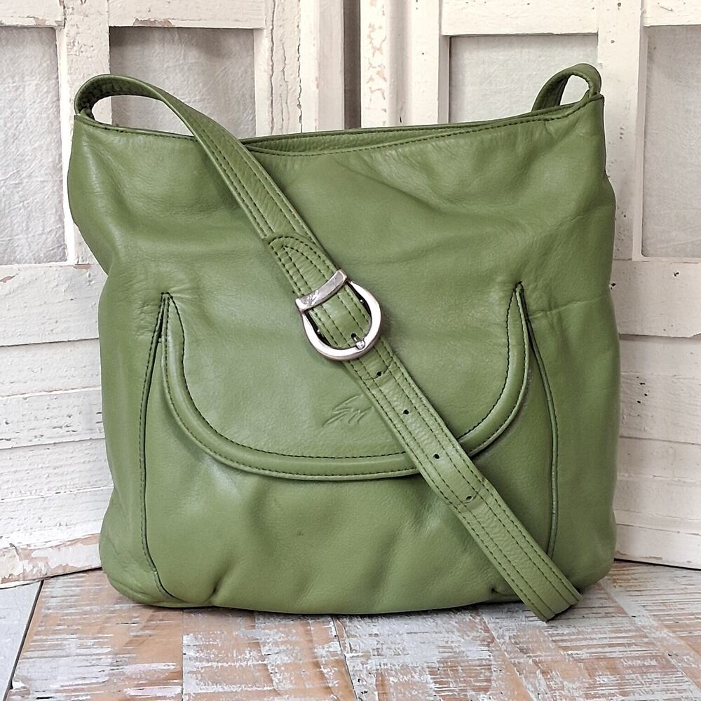 Vintage Y2K Stone Mountain Green Leather Hobo Crossbody Bag Slouchy Boho Purse